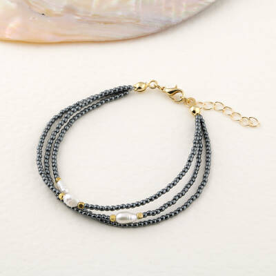 İnci-Hematit Doğal Taş Altın Kaplama Kapama Bileklik - 5