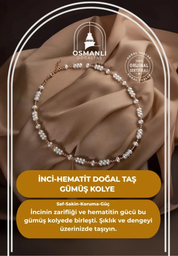 İnci-Hematit Doğal Taş Gümüş Kolye - 2