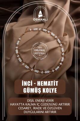 İnci-Hematit Doğal Taş Gümüş Kolye - Osmanlı Doğaltaş