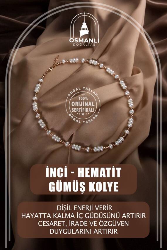 İnci-Hematit Doğal Taş Gümüş Kolye - 1