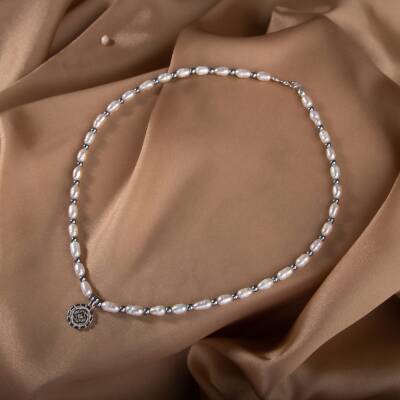 İnci-Hematit Doğal Taş Gümüş Kolye - 7