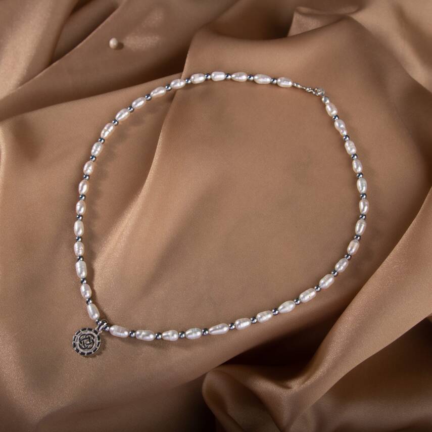 İnci-Hematit Doğal Taş Gümüş Kolye - 7