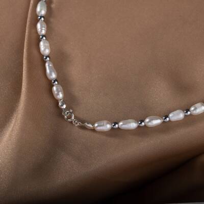 İnci-Hematit Doğal Taş Gümüş Kolye - 8