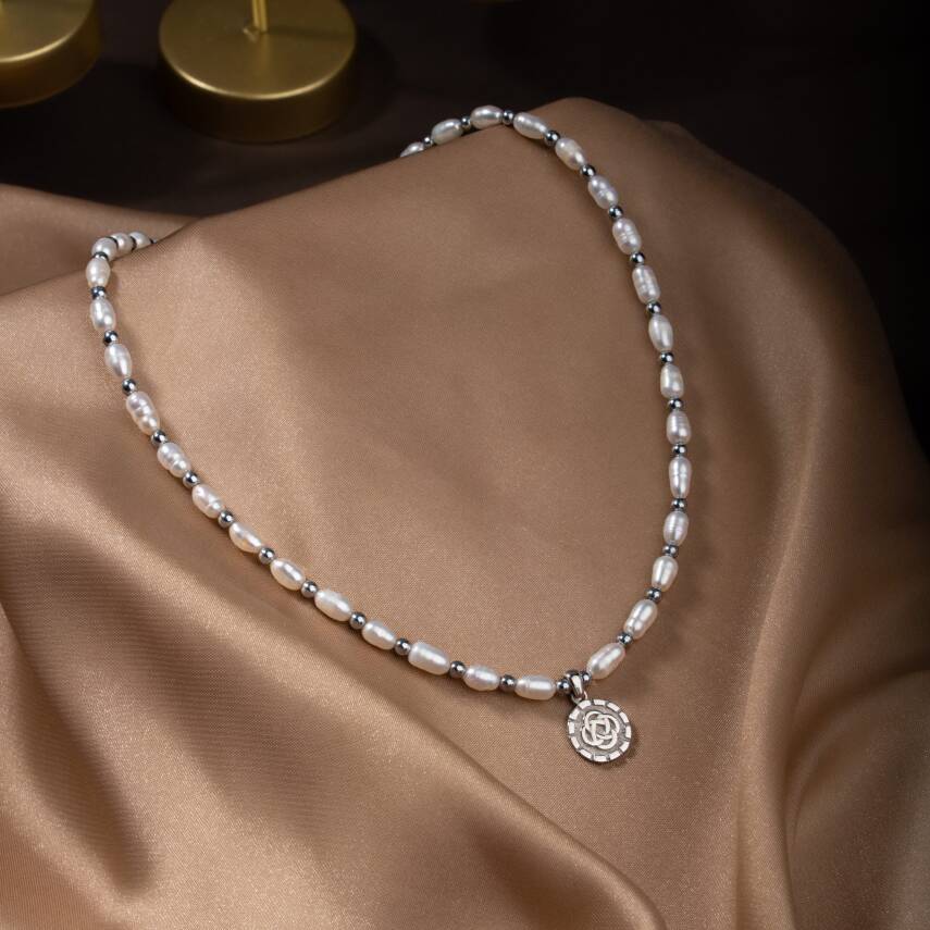 İnci-Hematit Doğal Taş Gümüş Kolye - 9