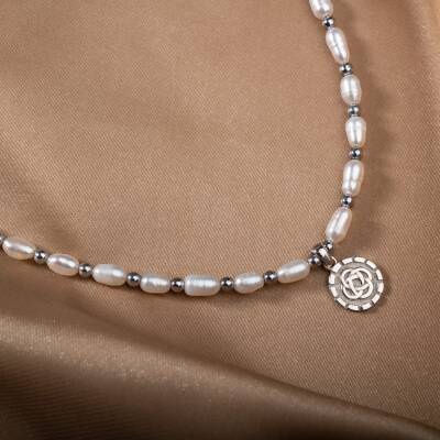 İnci-Hematit Doğal Taş Gümüş Kolye - 10