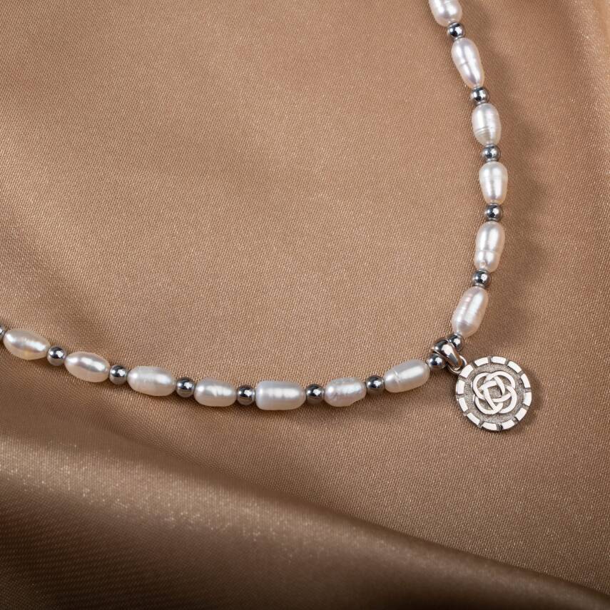 İnci-Hematit Doğal Taş Gümüş Kolye - 10