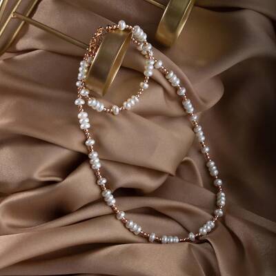 İnci-Hematit Doğal Taş Gümüş Takı Seti - 4