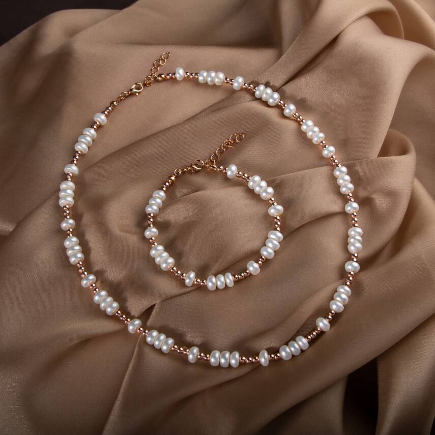 İnci-Hematit Doğal Taş Gümüş Takı Seti - 1