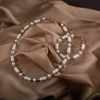 İnci-Hematit Doğal Taş Gümüş Takı Seti - 2