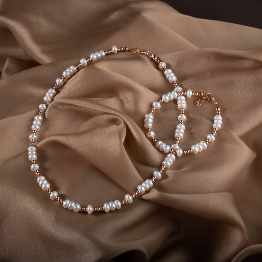 İnci-Hematit Doğal Taş Gümüş Takı Seti - 2