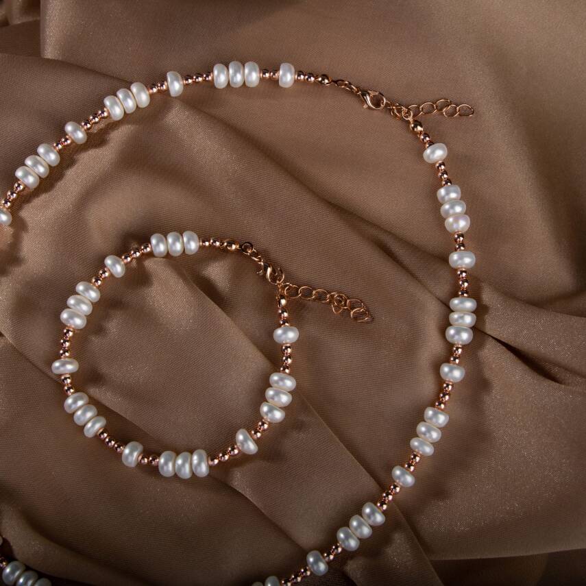 İnci-Hematit Doğal Taş Gümüş Takı Seti - 4