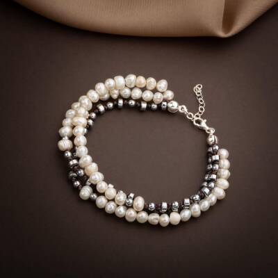 İnci-Hematit Doğal Taş Gümüş Tasarım Bileklik - Osmanlı Doğaltaş