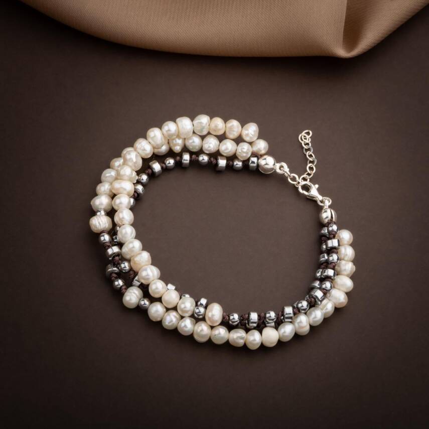 İnci-Hematit Doğal Taş Gümüş Tasarım Bileklik - 1