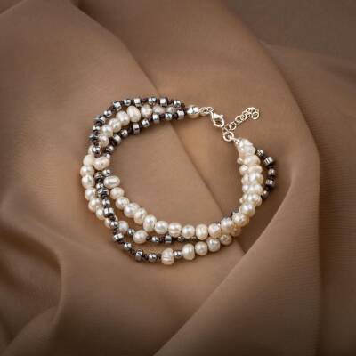 İnci-Hematit Doğal Taş Gümüş Tasarım Bileklik - 2