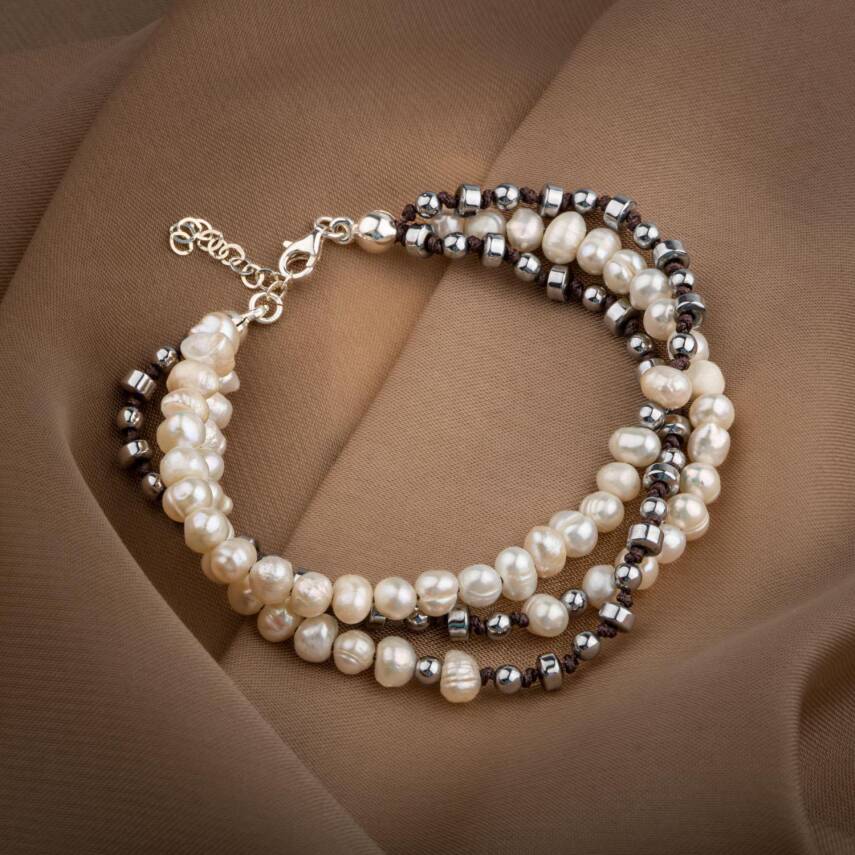 İnci-Hematit Doğal Taş Gümüş Tasarım Bileklik - 3