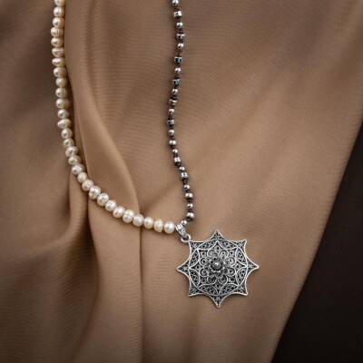 İnci-Hematit Doğal Taş Telkari Gümüş Tasarım Kolye - Osmanlı Doğaltaş