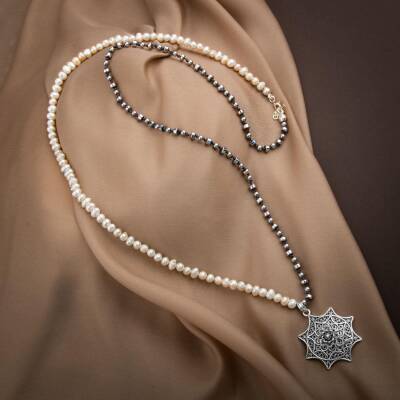 İnci-Hematit Doğal Taş Telkari Gümüş Tasarım Kolye - 2