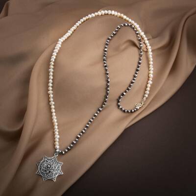 İnci-Hematit Doğal Taş Telkari Gümüş Tasarım Kolye - 3