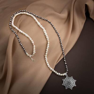 İnci-Hematit Doğal Taş Telkari Gümüş Tasarım Kolye - 4