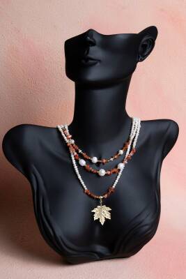 İnci, Hematit, Karnelyan Akik Gümüş Yaprak Aparatlı Doğal Taş Kolye (SK:011) - Osmanlı Doğal Taş