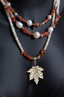 İnci, Hematit, Karnelyan Akik Gümüş Yaprak Aparatlı Doğal Taş Kolye (SK:011) - 2