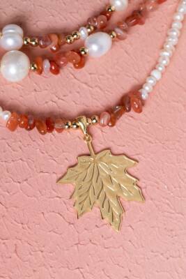 İnci, Hematit, Karnelyan Akik Gümüş Yaprak Aparatlı Doğal Taş Kolye (SK:011) - 3