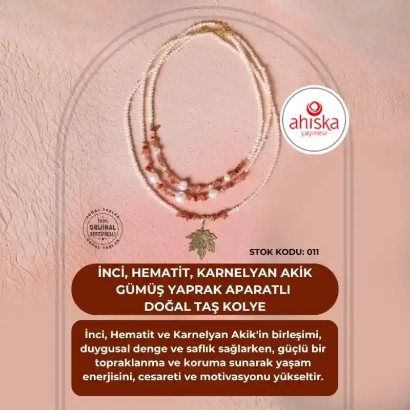 İnci, Hematit, Karnelyan Akik Gümüş Yaprak Aparatlı Doğal Taş Kolye (SK011) - 2