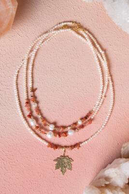 İnci, Hematit, Karnelyan Akik Gümüş Yaprak Aparatlı Doğal Taş Kolye (SK:011) - Osmanlı Doğal Taş