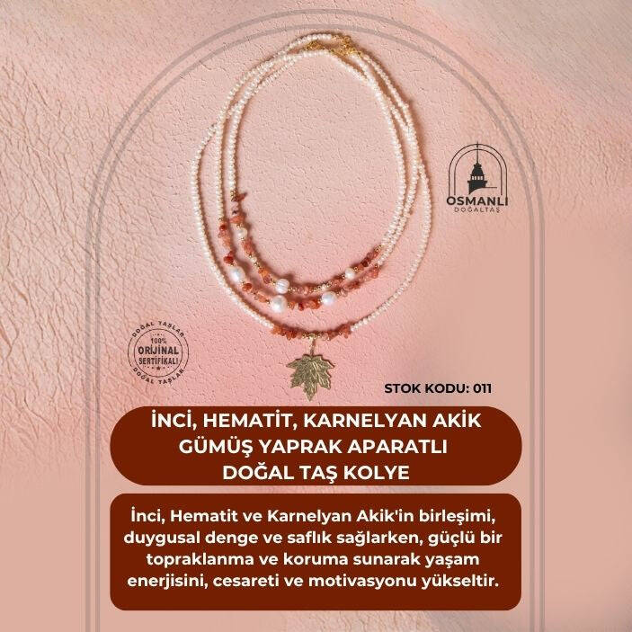 İnci, Hematit, Karnelyan Akik Gümüş Yaprak Aparatlı Doğal Taş Kolye (SK:011) - 2