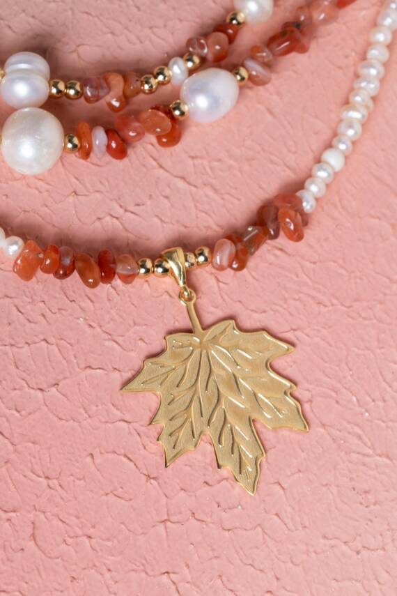 İnci, Hematit, Karnelyan Akik Gümüş Yaprak Aparatlı Doğal Taş Kolye (SK:011) - 5