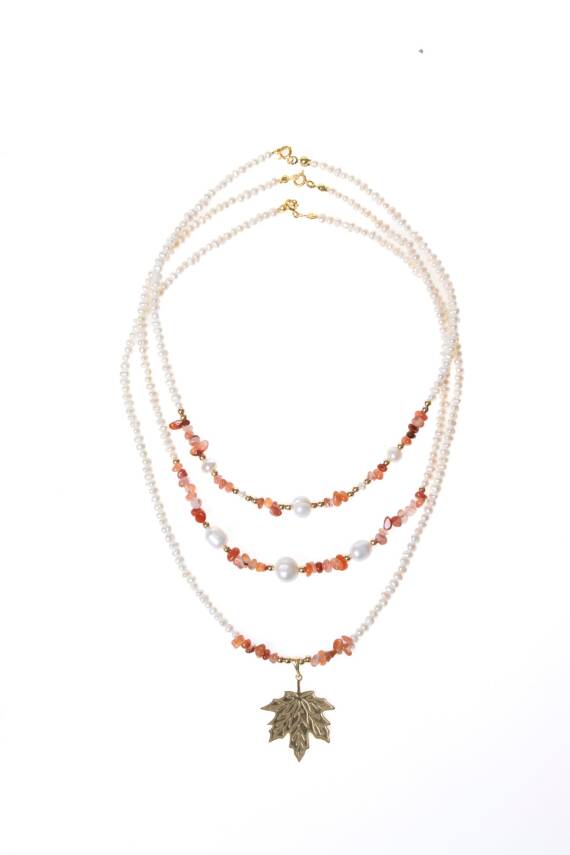 İnci, Hematit, Karnelyan Akik Gümüş Yaprak Aparatlı Doğal Taş Kolye (SK:011) - 6