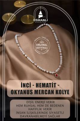 İnci-Hematit-Okyanus Mercan Doğal Taş Gümüş Kolye - Osmanlı Doğaltaş