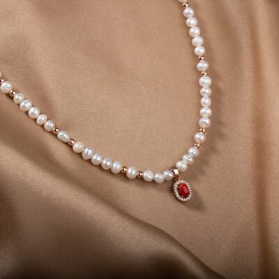 İnci-Hematit-Okyanus Mercan Doğal Taş Gümüş Kolye - 2