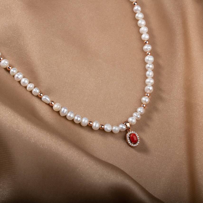 İnci-Hematit-Okyanus Mercan Doğal Taş Gümüş Kolye - 2