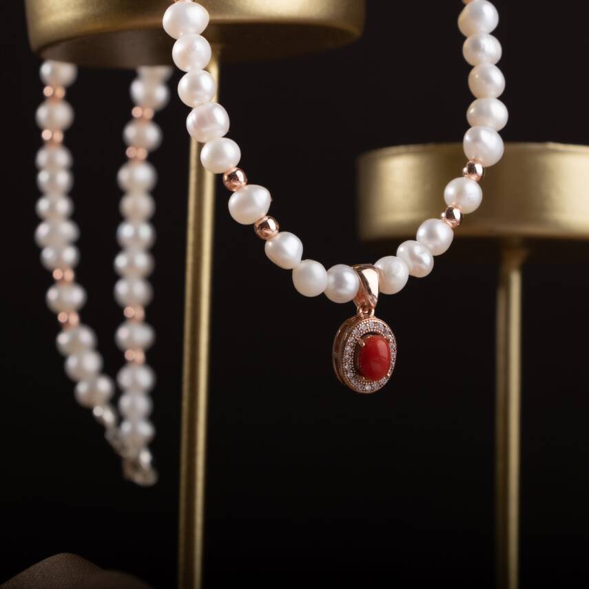 İnci-Hematit-Okyanus Mercan Doğal Taş Gümüş Kolye - 3