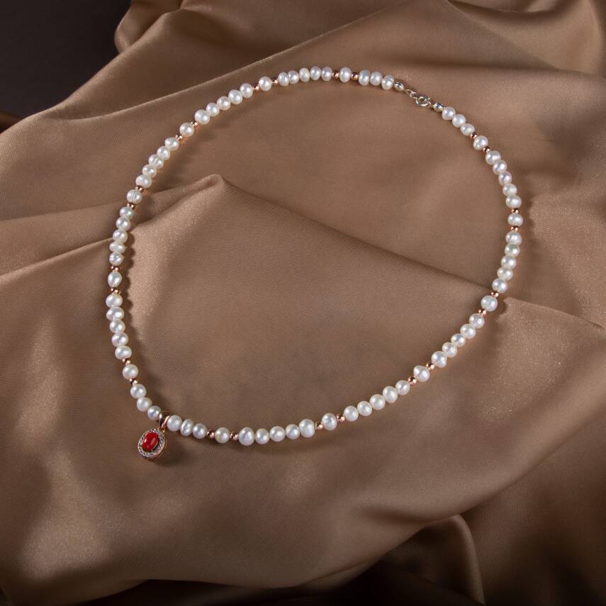 İnci-Hematit-Okyanus Mercan Doğal Taş Gümüş Kolye - 4