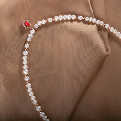 İnci-Hematit-Okyanus Mercan Doğal Taş Gümüş Kolye - 5