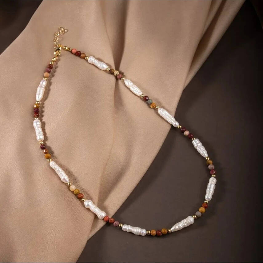 İnci-Jasper Doğal Taş Gümüş Kolye - 1