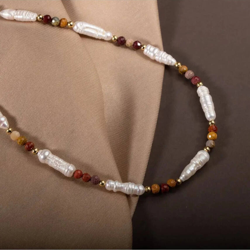 İnci-Jasper Doğal Taş Gümüş Kolye - 6