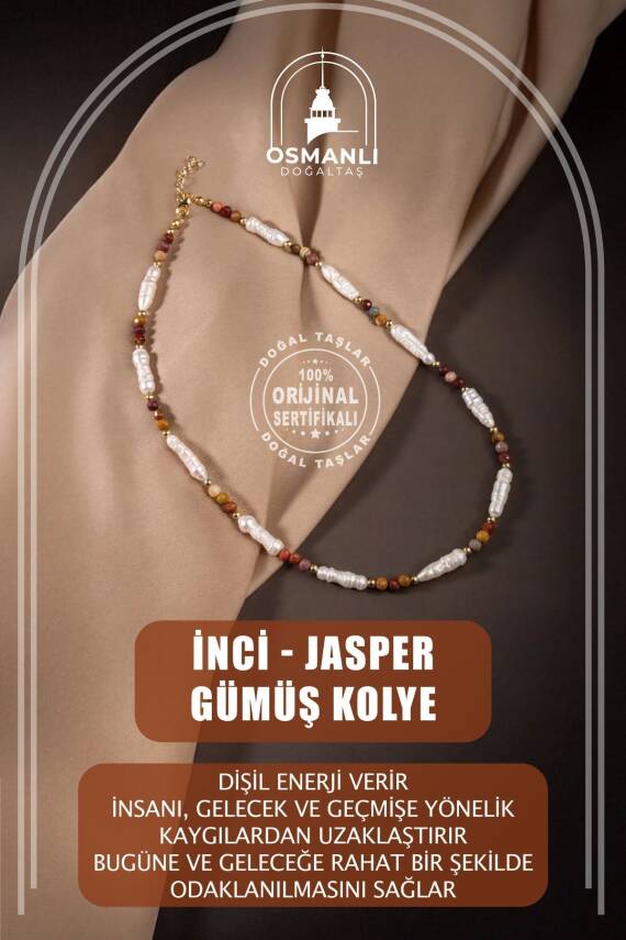 İnci-Jasper Doğal Taş Gümüş Kolye - 1