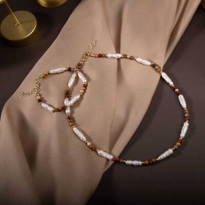 İnci-Jasper Doğal Taş Gümüş Takı Seti - Osmanlı Doğaltaş