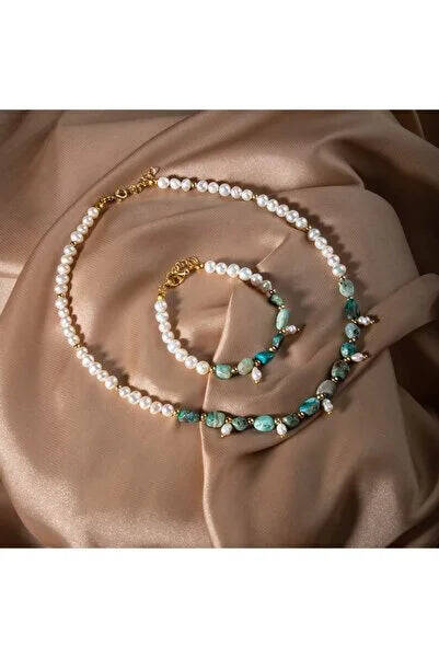 İnci-Krizokol Doğal Taş Takı Seti - 1