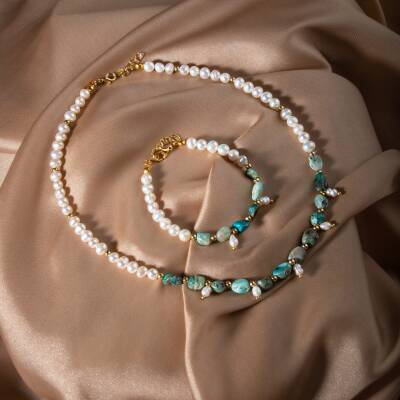 İnci-Krizokol Doğal Taş Takı Seti - Osmanlı Doğaltaş