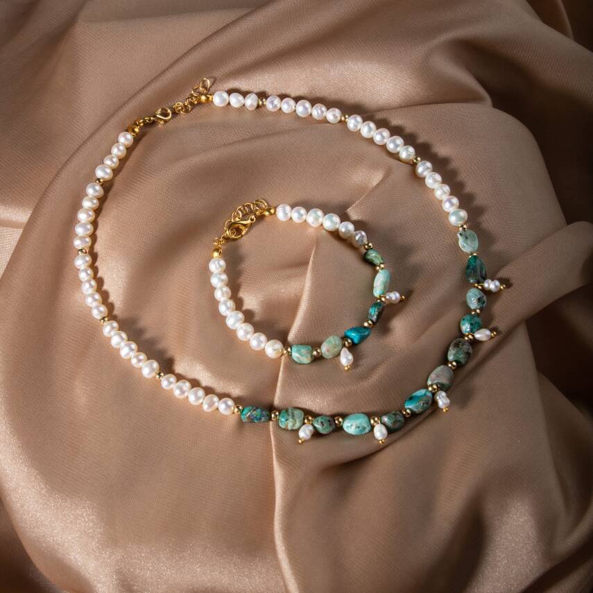 İnci-Krizokol Doğal Taş Takı Seti - 1