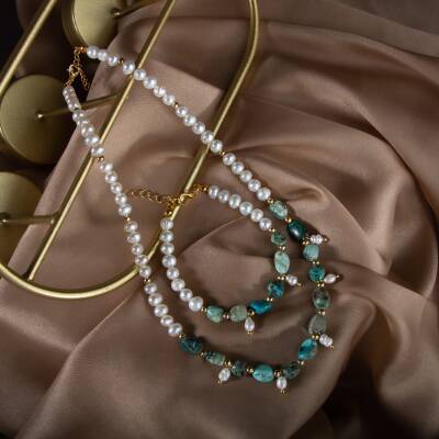 İnci-Krizokol Doğal Taş Takı Seti - 2