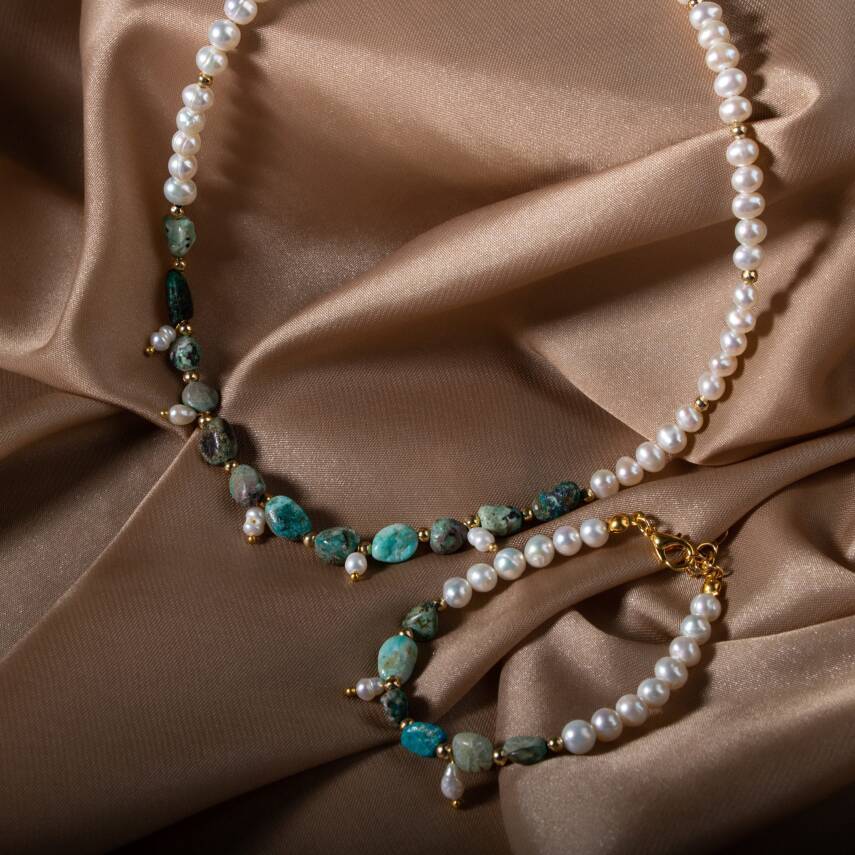 İnci-Krizokol Doğal Taş Takı Seti - 4