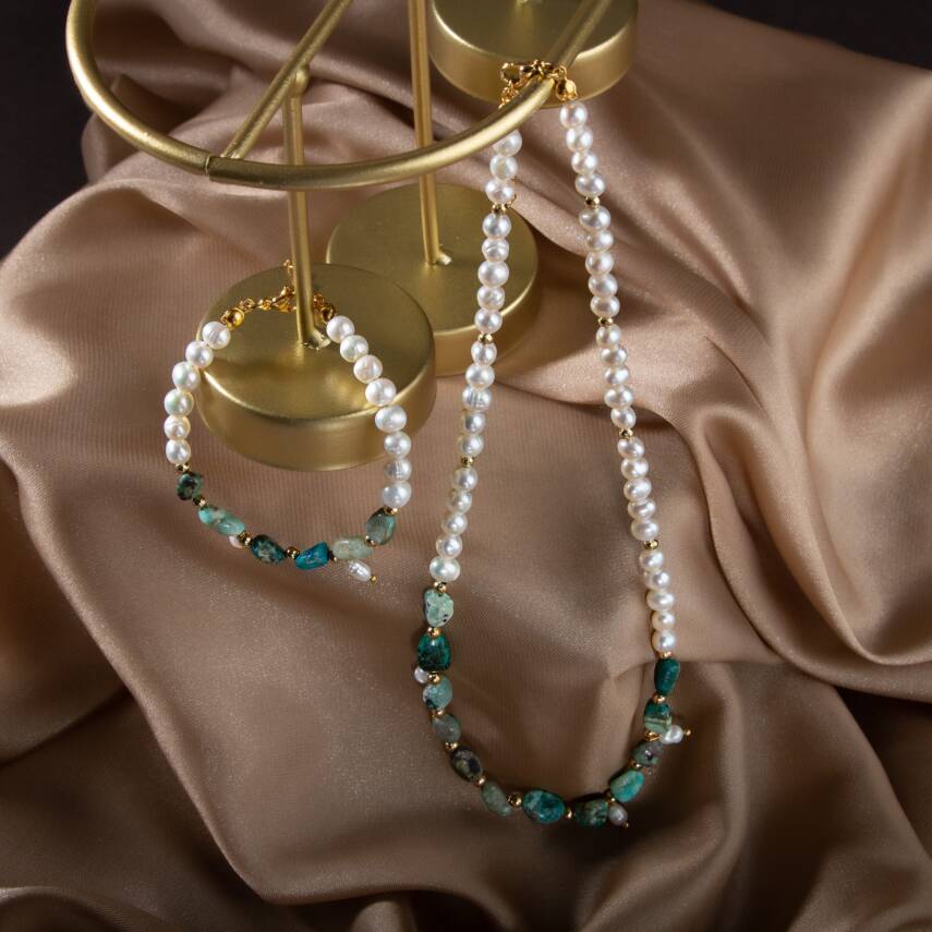 İnci-Krizokol Doğal Taş Takı Seti - 5