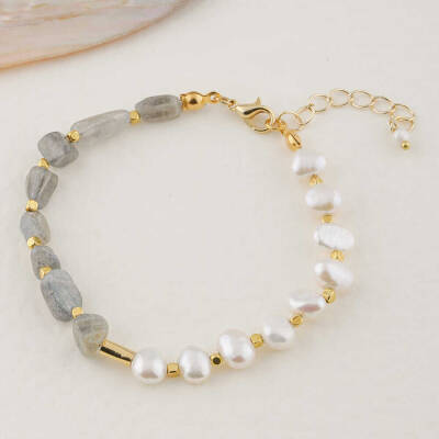 İnci-Labradorit Altın Kaplama Kapama Doğal Taş Bileklik - Osmanlı Doğaltaş