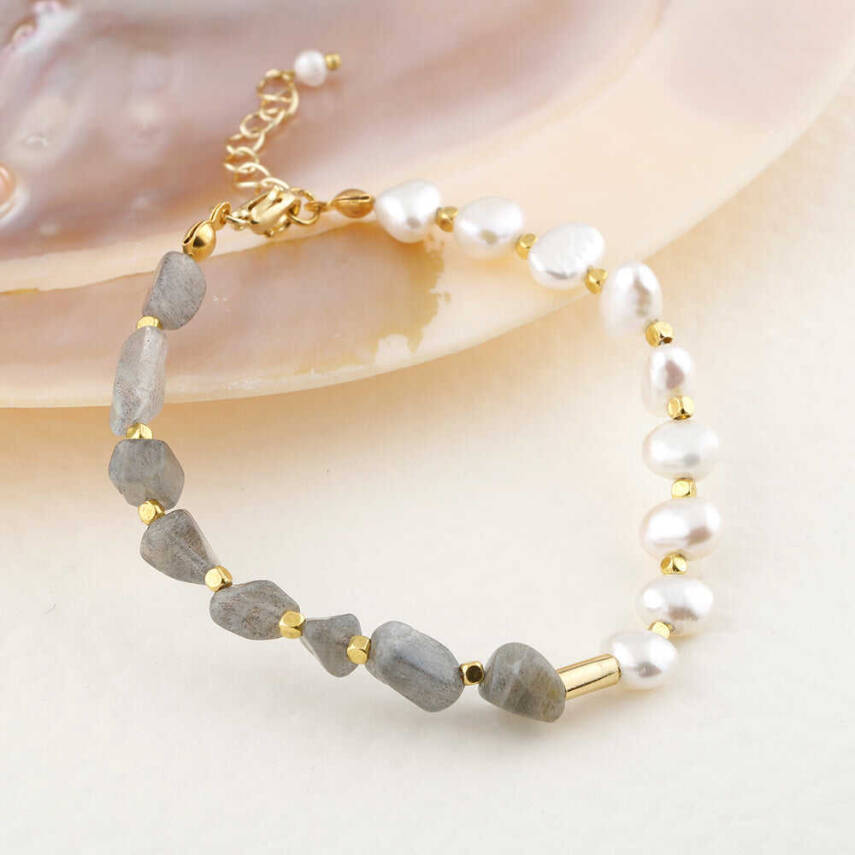 İnci-Labradorit Altın Kaplama Kapama Doğal Taş Bileklik - 5
