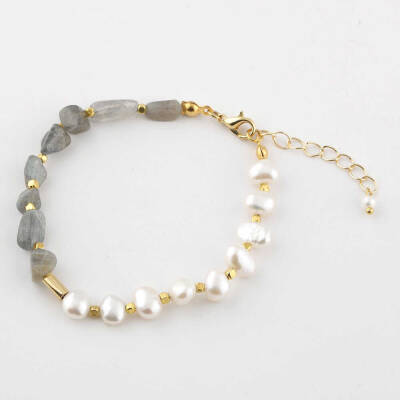 İnci-Labradorit Altın Kaplama Kapama Doğal Taş Bileklik - 6